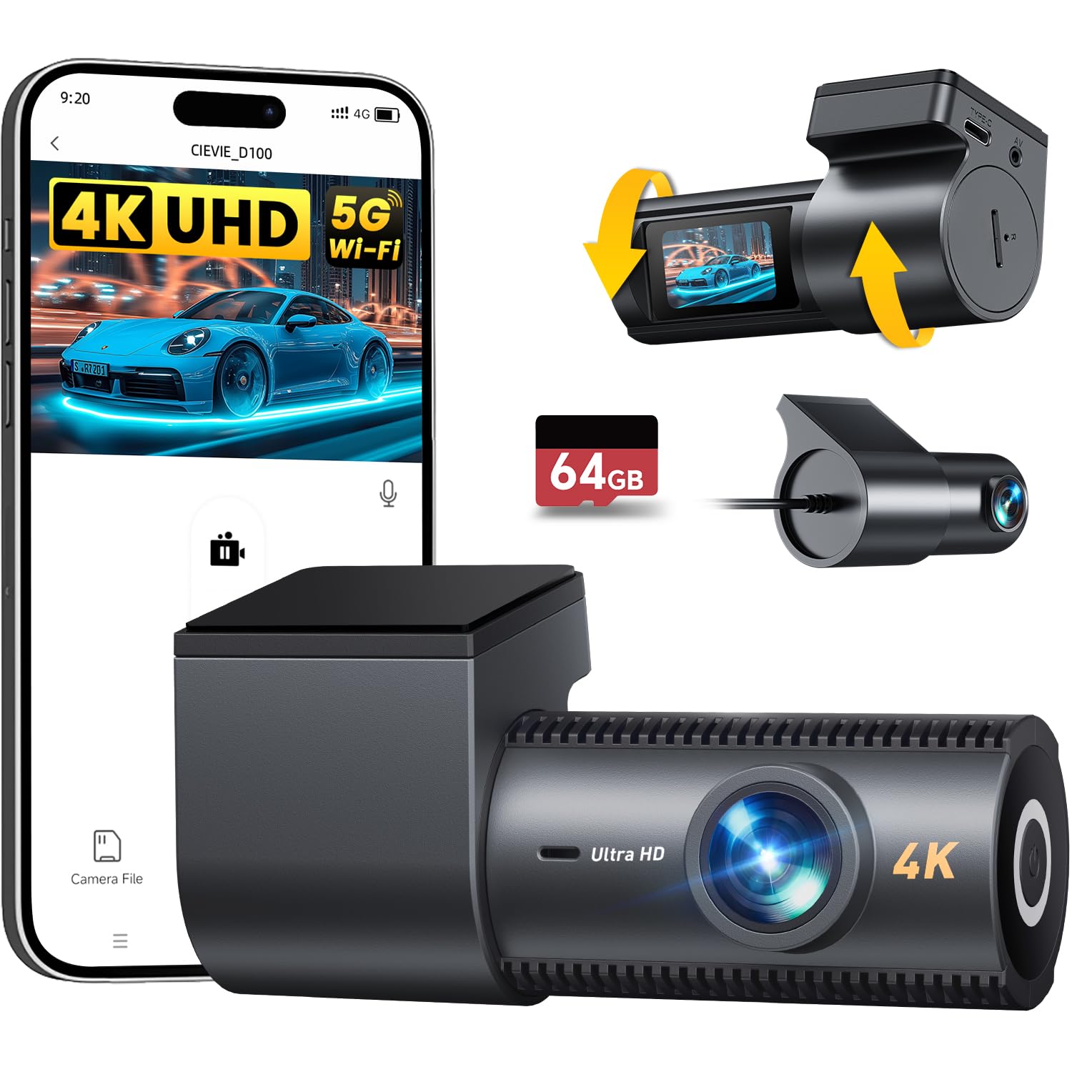 CIEVIE 4K+1080P Dashcam für Auto Vorne und Hinten mit 64GB SD-Karte